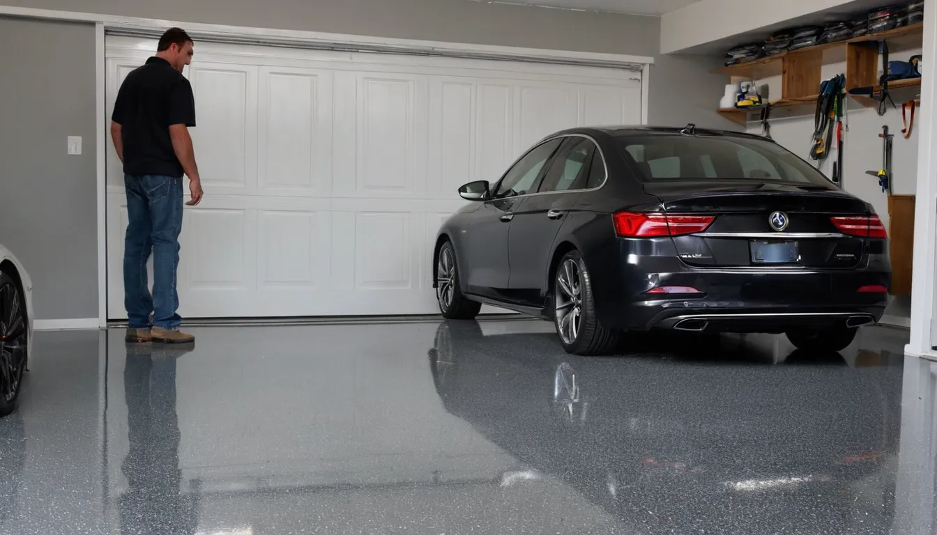 Finished glossy epoxy garage floor with colored flakes in a home near Minneapolis